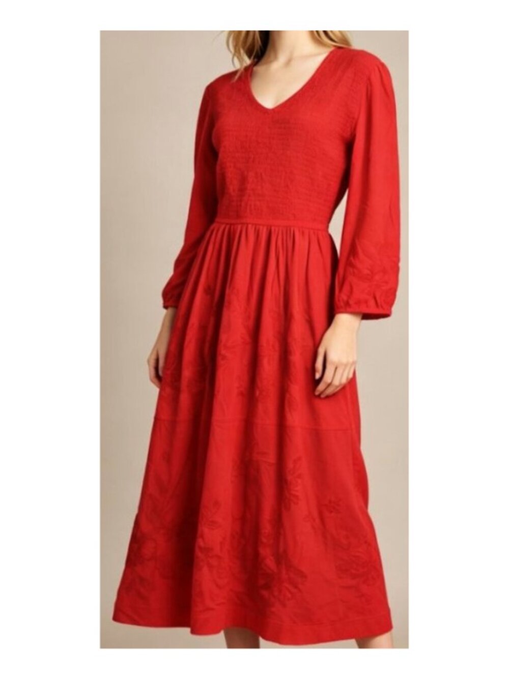 Johnny Was Floral Embroidered Smocked V-Neck Midi Dress Size-S Red 100% Cotton